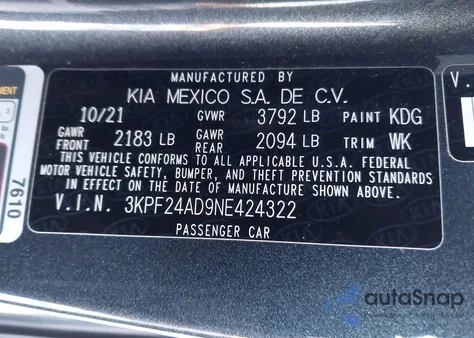 2022 Kia Forte Lxs from USA, damaged, VIN 3KPF24AD9NE424322